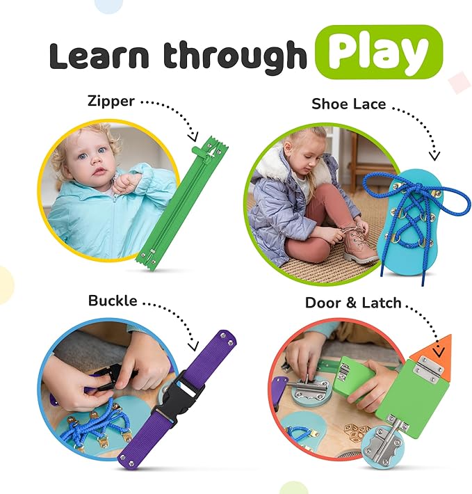 deMoca Sensory Busy Board for Toddlers, Premium Wooden Toddler Busy Board for 1 2 3 Year Old with 10 Educational Activities for Fine Motor Skills, Fidget Activity Toy for Travel Toy