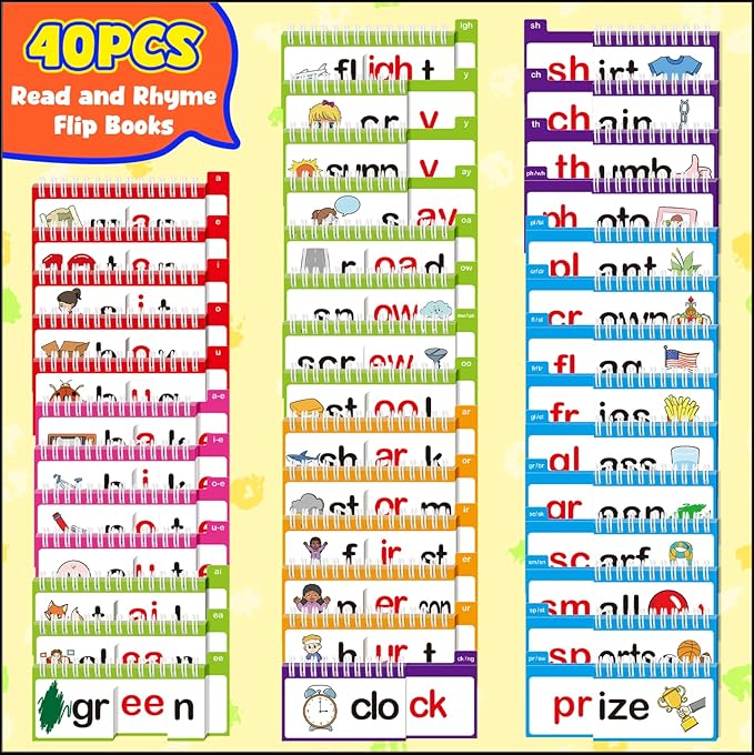 40 Read and Rhyme Flip Books,Phonics Word Family Build Book Learn to Read Phonics Flash Cards,Sight Words Flash Cards Kindergarten Reading Books,Flip Book Word Games for Preschool Learning Activities