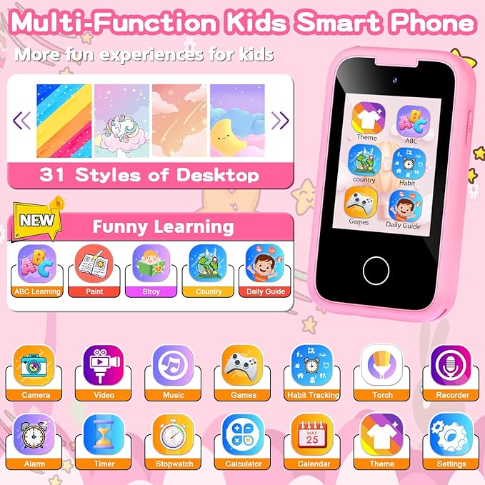 Kids Phone for Girls Toys, Gifts for 3 4 5 6 7 8 9 Year Old Girls Boys Christmas Birthday Kids Toys, Touchscreen Toddler Learning Cell Toy Phone with Dual Camera, Game, Music Player, 8GB Card Pink