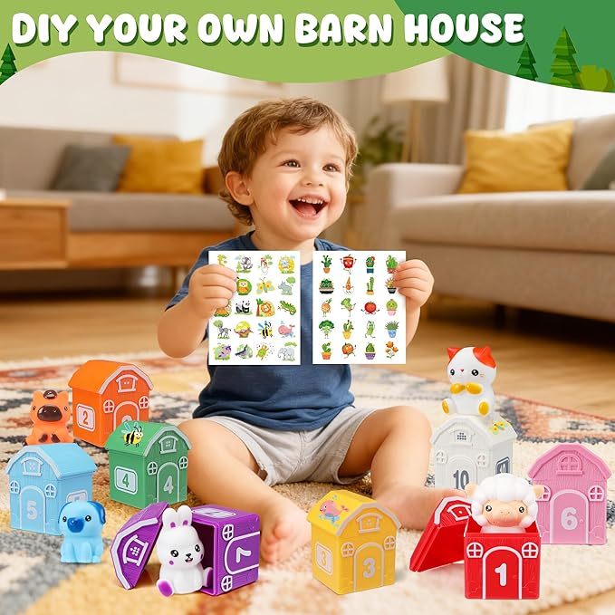 Montessori Toys for Toddlers, 20Pcs Farm Animal Toy Counting, Matching, Sorting Preschool Learning Toy Barn including 10 Barns,10 Finger Puppets and 2 Stickers Birthday Gift for Baby Boys Girls