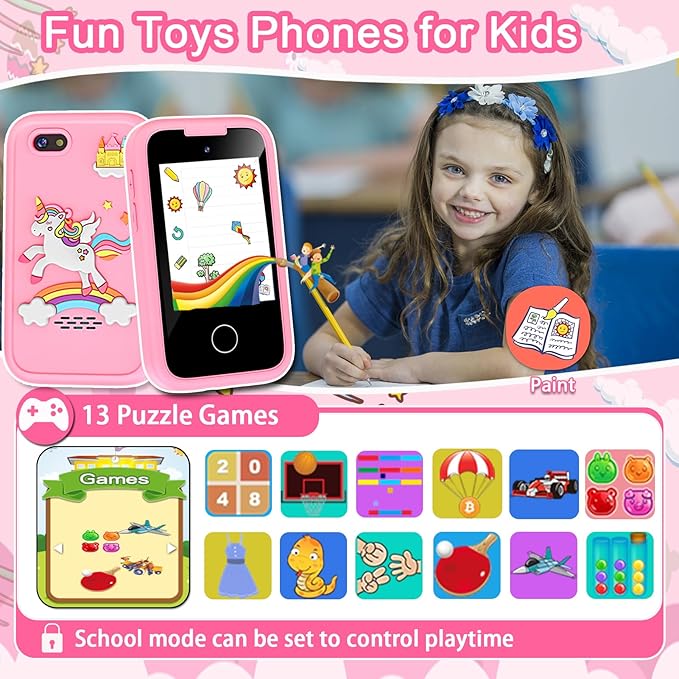 Kids Phone for Girls Toys, Gifts for 3 4 5 6 7 8 9 Year Old Girls Boys Christmas Birthday Kids Toys, Touchscreen Toddler Learning Cell Toy Phone with Dual Camera, Game, Music Player, 8GB Card Pink