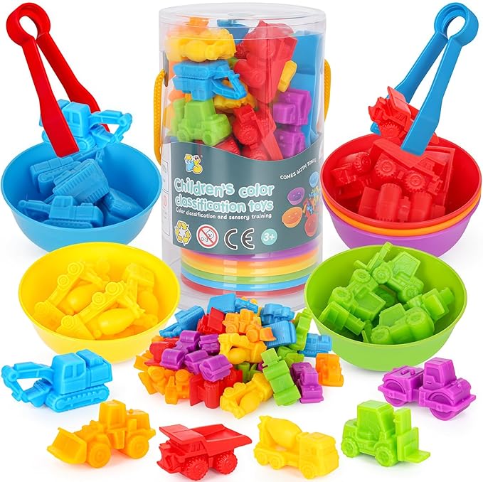 Counting Construction Vehicles Color Sorting Matching Games for Toddlers 3-5, Preschool Educational Learning Fine Motor Counting Transportation Matching Classroom Sensory Table Toys for Boys Girls