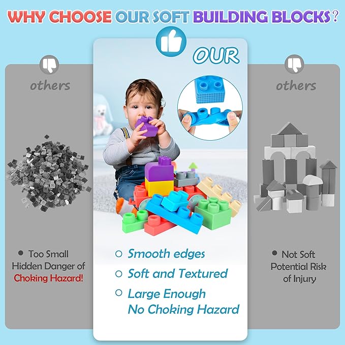 100PCS Baby Blocks Set with Storage Bucket, Building Block Toys STEM Educational Toddler Gifts, Rubber Soft Blocks for Preschool, Sensory Stacking Toys to Improve Creativity