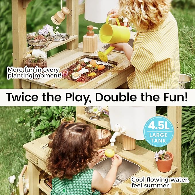 Tiny Land Outdoor Mud Kitchen for Kids, Wooden Play Kitchen with Water Tank, Water & Cooking Play, Sensory Fun, Weather-Resistant with Storage, Ideal for Toddlers Ages 3+