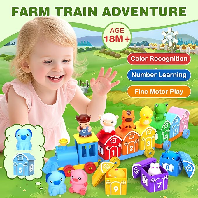 Montessori Toys for Toddlers 1 2 3 Years Old, Farm Animal Train Set with Counting Matching Sorting Activities 9 Barns, 10 Finger Puppets, 2 Stickers-Learning Toys for Baby Boys Girls, Preschool Gift