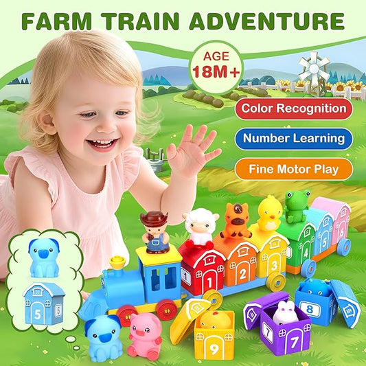 Montessori Toys for Toddlers 1 2 3 Years Old, Farm Animal Train Set with Counting Matching Sorting Activities 9 Barns, 10 Finger Puppets, 2 Stickers-Learning Toys for Baby Boys Girls, Preschool Gift