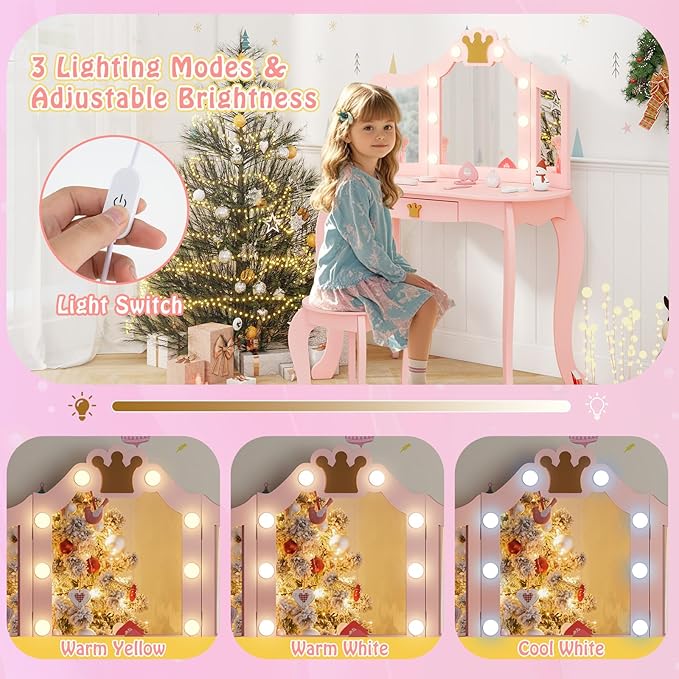 HONEY JOY Kids Vanity with Lights, Crown Girls Vanity Set with Mirror and Stool and Lights, Toddler Vanity, Wooden Makeup Table for Little Girls, Pretend Play Kids Vanity Table and Chair Set(Pink)
