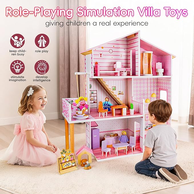 Wooden Dolls House for Toddlers Aged 3–5: Complete Set with Furniture, 4 Family Member Dolls, and a Pet Dog – Villa-Style Design for Indoor Play. Ideal Dollhouses for Children Aged 3 to 8