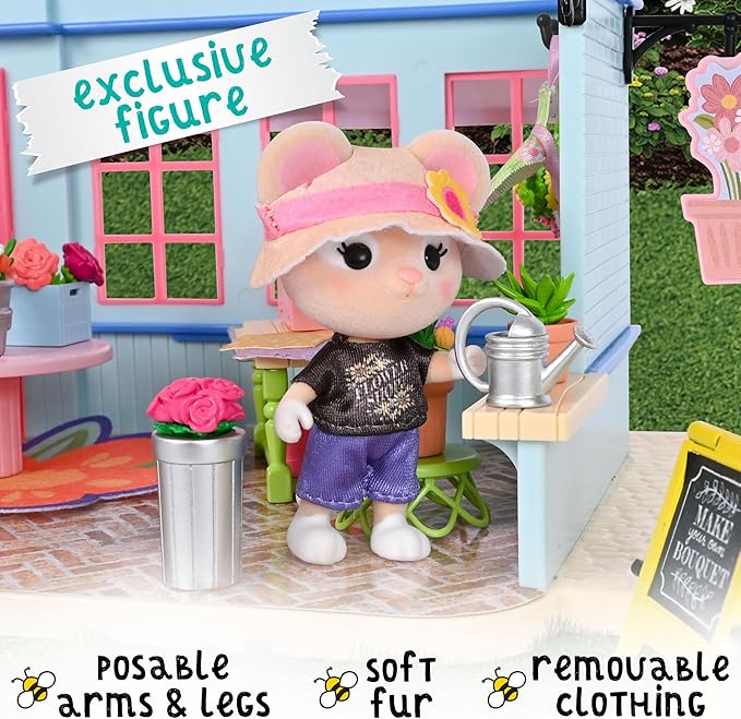 Honey Bee Acres in Bloom Flower Shop, Complete Dollhouse with Miniature Doll Figure, 59 Pieces