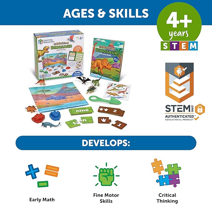 Learning Resources Skill Builders! Dinosaur Activity Set - 22 Pieces, Ages 4+, Critical Thinking, Math Manipulatives, Board Games, Preschool Activity Book, Jurassic toys