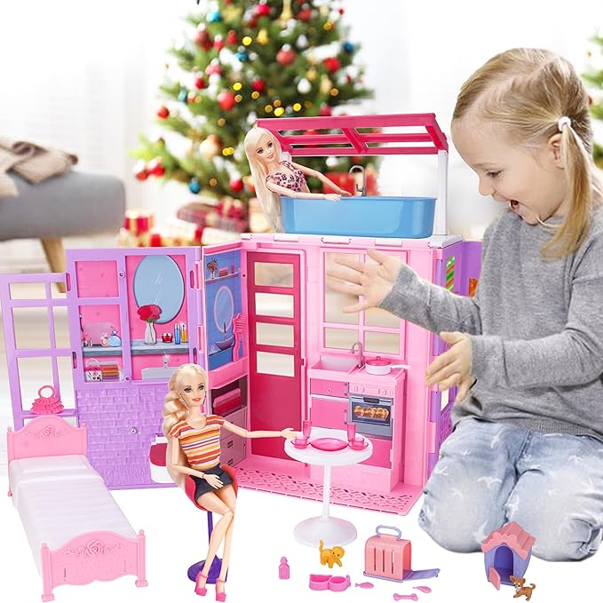 BETTINA Foldable Doll House for 12'' Dolls, 2-Story Dollhouse W/ Loft,Pets Rooms, 40+ Pcs Dollhouse Furnitures & Accessories, Space Saving Playhouse Birthday Xmas Toys Gifts for Girls 3 4 5 6 7 8+