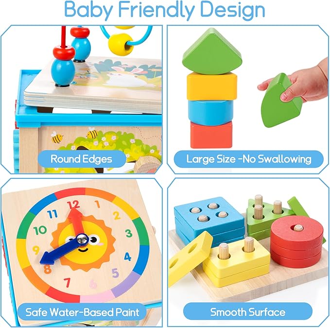 Wooden 7-in-1 Activity Cube, Montessori Toys for 1 Year Old Toddlers, Baby Educational Developmental Toys, One Year Old Boys Girls First Birthday Gifts with Bonus Sorting & Stacking Board