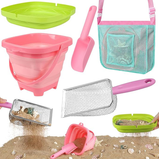 Beach Toys, Sand Toys with Collapsible Beach Bucket, Sand Sifter, Beach Mesh Shovel, Shark Tooth Sifter and Mesh Bag for Shell Collecting, Sand Dipper Beach Scoop for Kids Adults Boys Girls