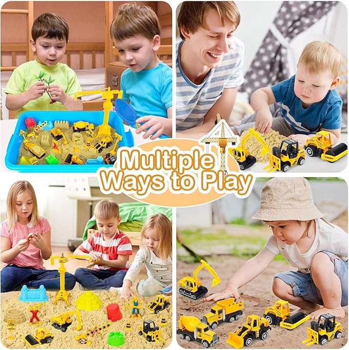 Sensory Bin Toys, Alloy Construction Trucks Play Sand Art Kits with 2.2lbs Magic Sand, Molds, Shovel, 6Pcs Construction Vehicles, Crane- Sensory Sandbox with Lid for Kids Toddlers Age 3-8