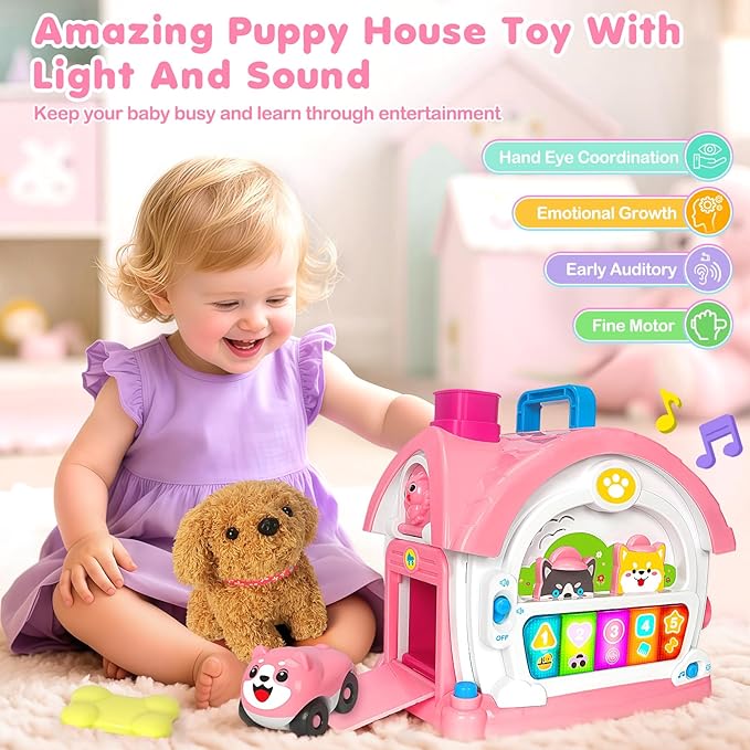 Montessori Toys for 1 2 3 Year Old Girl Gifts, Baby Musical Toys 12 18+ Months, 10 in 1 Bilingual Learning Toy with Sound Light, Cute Toy with Plush Puppy, First Birthday for Toddlers