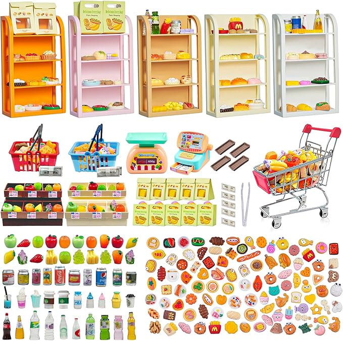 183Mini Food Toys Dollhouse Fruit Vegetable Bread Rack Display Shelf Grocery Store Shopping Cart Basket Miniature Drink Supermarket Metal Handcart Kitchen Play Game Party Cash Register
