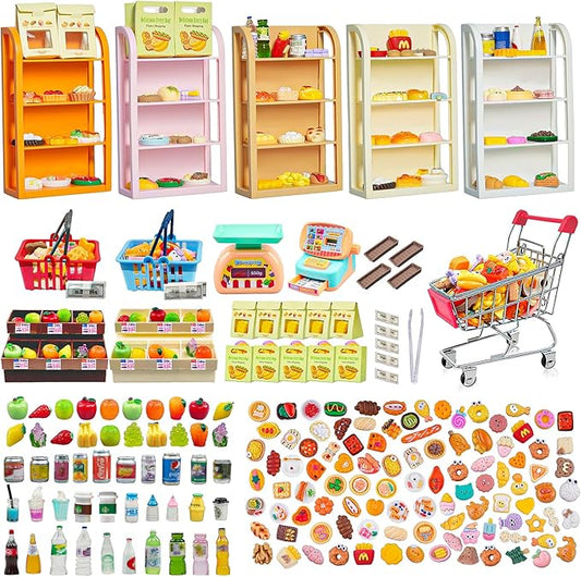 183Mini Food Toys Dollhouse Fruit Vegetable Bread Rack Display Shelf Grocery Store Shopping Cart Basket Miniature Drink Supermarket Metal Handcart Kitchen Play Game Party Cash Register