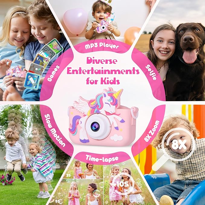 Kids Camera Unicorn Girl Toys, Digital Camera for Kids Age 3-8 Toddler Travel Toys, Birthday Gift for Girls 3 4 5 6 7 8 Year Old Christmas, HD 1080P Video Camera, 32G SD Card Included (Pink)
