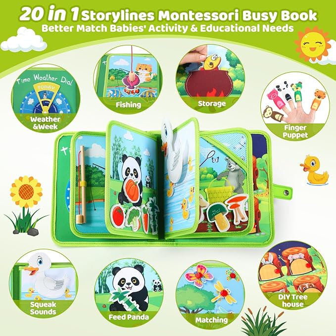 Busy Book for Toddlers 1-3, Montessori Toys Busy Board for 1 Year Old with Fishing Game Finger Puppet Motor Skill, Quiet Airplane Travel Essential Activities 1 2 3 Christmas Birthday Gift Boy Girl