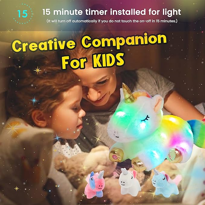 Hopearl LED Plush Unicorn Lighting Up Stuffed Mommy Unicorn with 3 Baby Unicorns in her Tummy Floppy Stuffed Animal Playset Night Lights Glow in The Dark Gifts for Kids Toddler Girls, White, 19''