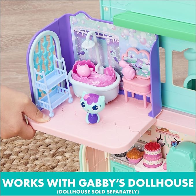 Gabby’s Dollhouse, Primp and Pamper Bathroom with Mercat Figure, 3 Accessories, 3 Furniture and 2 Deliveries, Kids Toys for Ages 3 and up