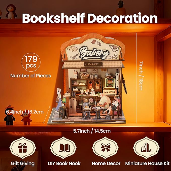 Book Nook Kit - DIY Miniature House Kit for Adults, Dollhouse Booknook Tiny House Bookshelf Decor 3D Wooden Puzzle Street Model, Ideal Gift for Book Lovers, Family, Friends (Bakery)