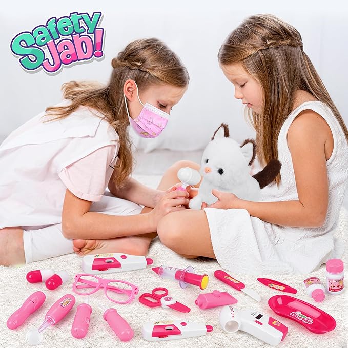 33Pcs Pet Doctor Kit for Toddlers - Dress Up Costume & Pretend Doctor Play Set with Cat Toy, Stethoscope, Pet Vet Roleplay Toys, Christmas Birthday Gifts for Ages 3 4 5 6 7 8 Year Old Boys Girls