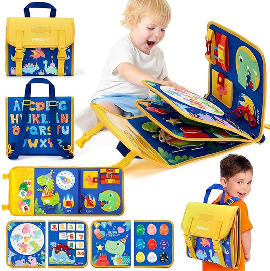 hahaland Toddler Toys Busy Board, Montessori Toys for Baby Boys, Boy Birthday Gift 18 in 1 Preschool Learning Activities with 12 Life Skills-Numbers,String Beads,Shapes,Colors,Puzzles,Alphabet