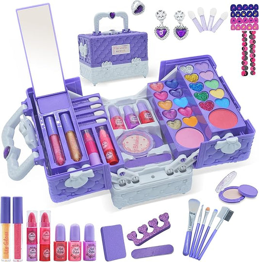 Kids Makeup Sets for Girls - 52 PCS Safe and Washable Makeup for Kids, Real Toddler Makeup Kit with Cosmetic Case, Girls Toys Age 4-12, Princess Toys Birthday Gifts(Dark Purple)