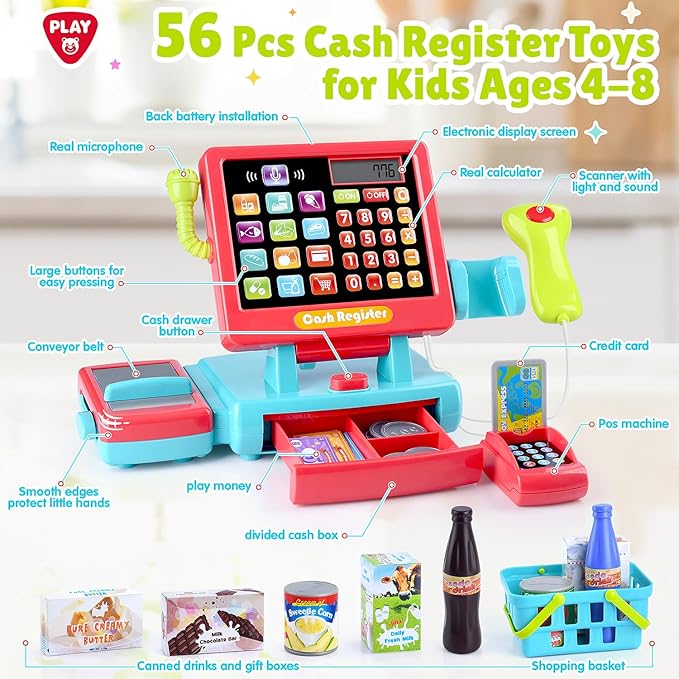 PLAY Kids Cash Register Toy Supermarket with Register Pretend Play Calculator Register Toys with Scanner/Microphone/Credit Card/Conveyors/Cans/Drink/Play Money, Cash Register for Kids Ages 3+