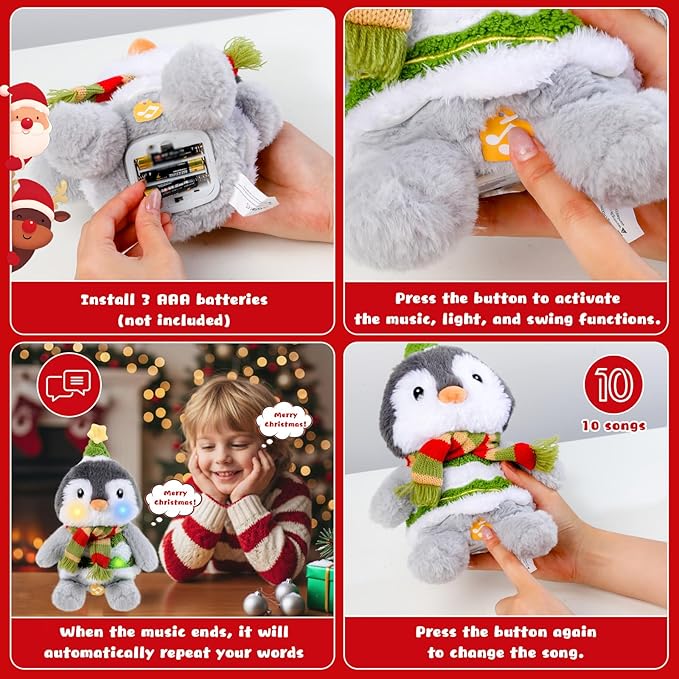 Christmas Reindeer Plush Interactive Toy, Dancing Singing Repeating Light up Reindeer Stuffed Animal, Animated Christmas Plush Musical Holiday Decorations for Kids Boys Girls Gifts