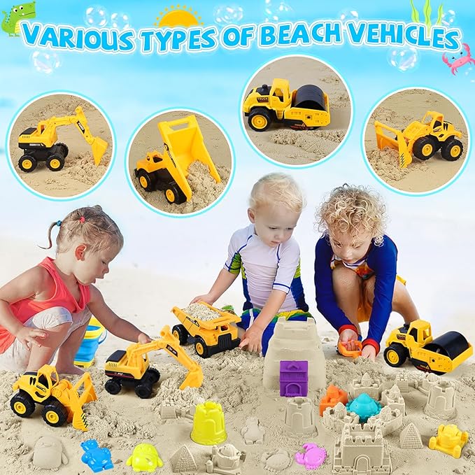 Beach Toys, 40Pcs Sand Toys with 4 Beach Construction Vehicles, 4 Collapsible Beach Bucket, Sand Castle Building Kit, Sand Molds, Shovel Set, Mesh Bag, Summer Outdoor Toys for Kids Ages 4-8
