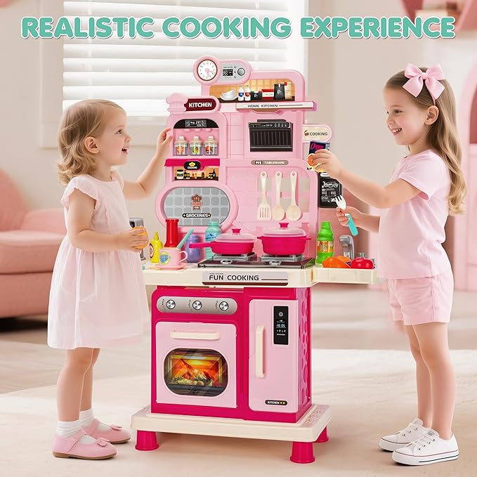 Kids Play Kitchen Set, Toddler Kitchen Playset with Light & Sound, Cooking Stove, Play Sink, Coffee Maker, Play Food Toy and Kitchen Accessories, Kitchen Toy for Kids Girls Boys - Pink