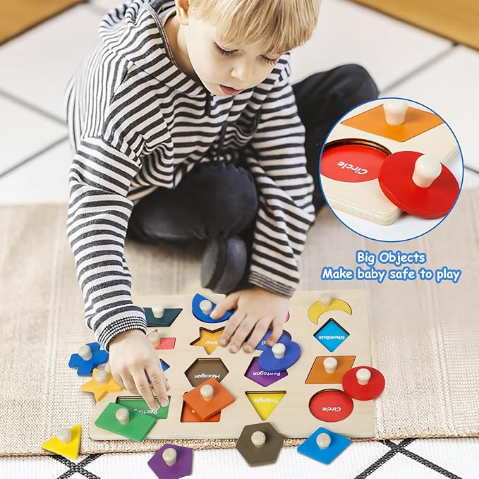 Wooden Shape Peg Puzzles for Toddlers 1 2 3 Year Old, Toddler Learning Toys Shape Sorter Color Match Montessori Toys Educational Puzzles for Toddlers 2-4 Easter Birthday for Girls