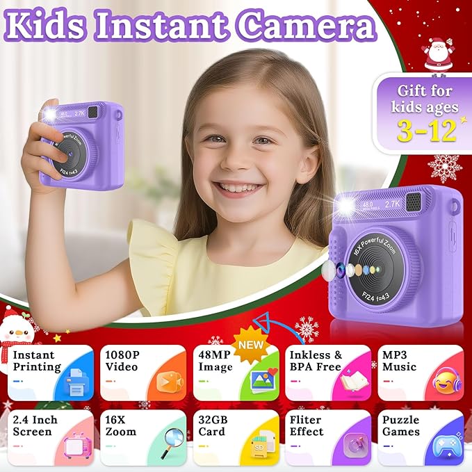 Kids Camera Instant Print, 1080P HD Digital Video Recorder with 32GB SD Card, Christmas Birthday Gifts for 3-12 Year Old Girls and Boys, Portable Toy for Toddlers and Kids (Purple Pro)