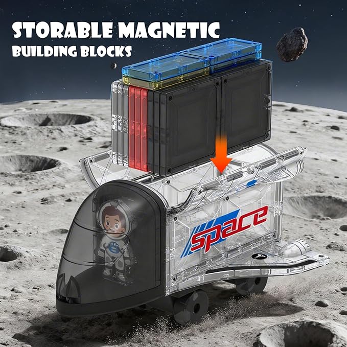Space Theme Magnetic Tiles Building Set, 30-Piece Construction Toy with Rocket Ship Design, Educational STEM Playset for Kids
