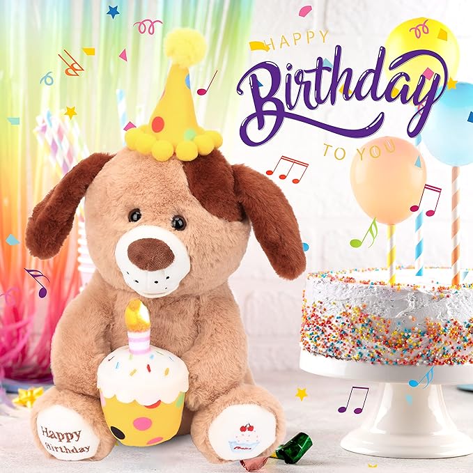 Hopearl Adorable Happy Birthday Dog with Glowing Cupcake Musical Stuffed Animal Puppy Singing and Shaking Plush Toy Interactive Animated Kids Gifts, Brown, 15''