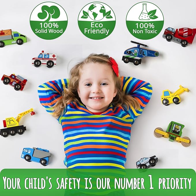 10 PCS Wooden Train Set Accessories, Toddler car Toys, fits Thomas, Brio, IKEA, Melissa and Doug, Stocking Stuffers for Kids, Train Toys Gifts for Toddlers and Kids Ages 4-8 and up