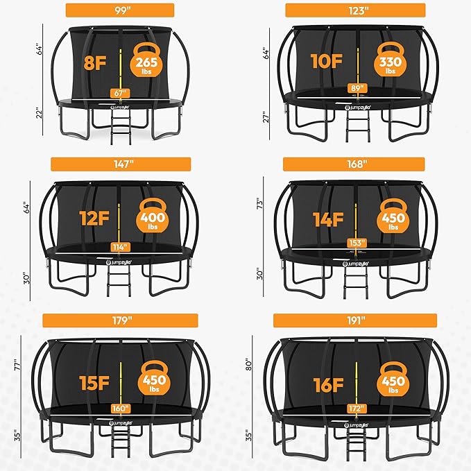 JUMPZYLLA Trampoline Outdoor 8FT 10FT 12FT 14FT 15FT 16FT with Enclosure and Ladder, ASTM Approved Recreational Trampoline for Kids and Adults, Anti-Rust Coated Frame