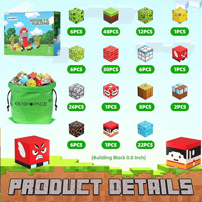 176 PCS Magnetic Blocks for Kids Ages 4-8, STEM Building Toys for 3+ Year Old Boys Girls, Magnetic Tiles Stacking Blocks Educational Preschool Toys Birthday Gifts