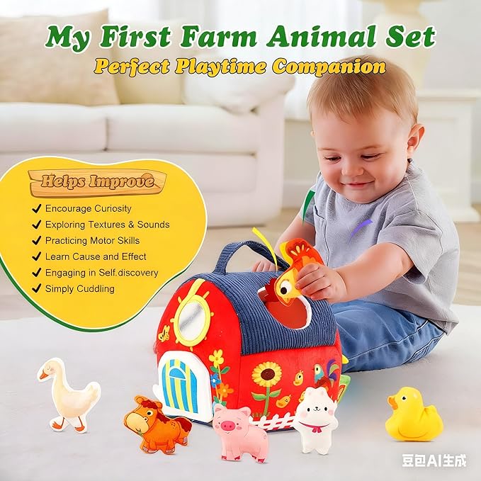 Baby Toys 6-12 Months Montessori Sensory Toy Barn with Stuffed Farm Animals, Rattle, Crinkle for Infants. Portable Learning Gift for 6 Month Old, 1-3 Year Old Toddlers, Christmas Stocking Stuffers