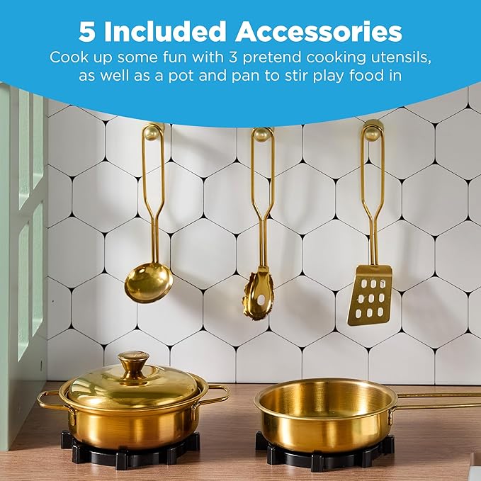 Best Choice Products Pretend Play Wooden Farmhouse Kitchen Set for Kids w/Toy Storage, Clicking Knobs, Windows, 5 Accessories Included - Sage