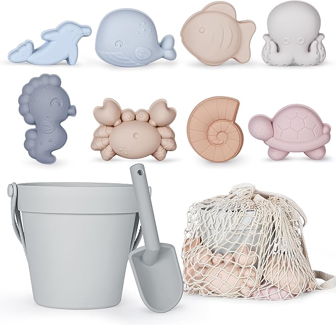 MarcZero 11Pcs Silicone Beach Toys Set - Travel Friendly With Bucket, Shovel, 8 Sand Molds, Bag - Modern Baby Sand Toys for Toddlers, Kids (Gray)