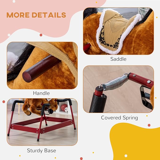 Qaba Kids Spring Rocking Horse, Ride on Horse for Girls and Boys with Animal Sounds, Plush Horse Ride-on with Soft Feel, Interactive Toy for Kids, Light Brown