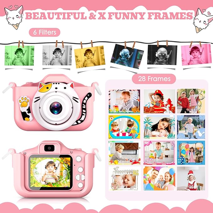 Kids Selfie Camera Toys for 3 4 5 6 7 8 9 10 11 12 Year Old Girls，Christmas Birthday Festival Gift for Kids Camera for Kids Upgrade Digital Camera with 32GB SD Card