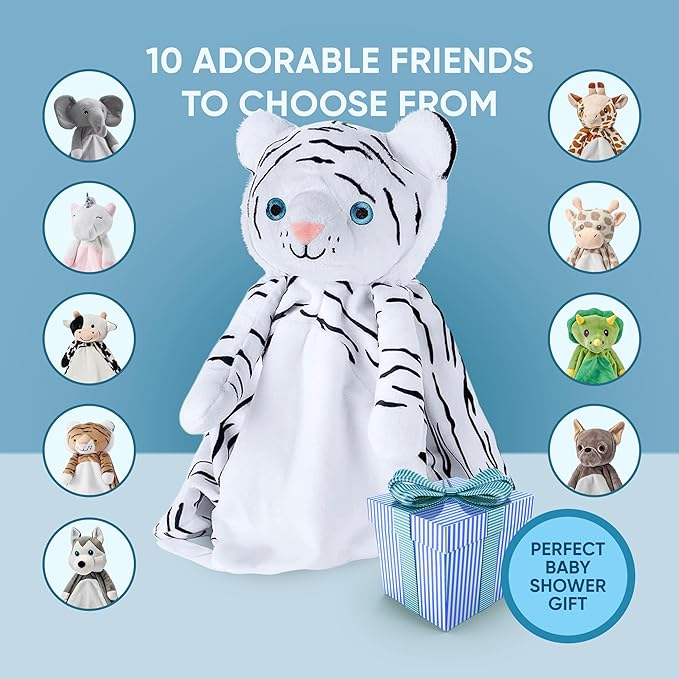 Love By Emi Baby Sleep Soother White Tiger Plush with Heartbeat & Lullaby Sounds, 4-in-1 Sound Machine, Security Blanket & Pacifier Holder, Baby Registry Essential for Newborns, Infants & Toddler
