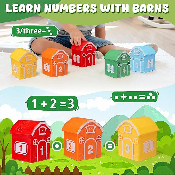 Montessori Toys for Toddlers, 20Pcs Farm Animal Toy Counting, Matching, Sorting Preschool Learning Toy Barn including 10 Barns,10 Finger Puppets and 2 Stickers Birthday Gift for Baby Boys Girls