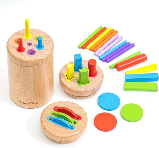 Wooden Montessori 3-in-1 Sensory Matching Games Play Set, Color & Shape Sorting Coin Box for Ages 2-4, Toddler Learning Toy