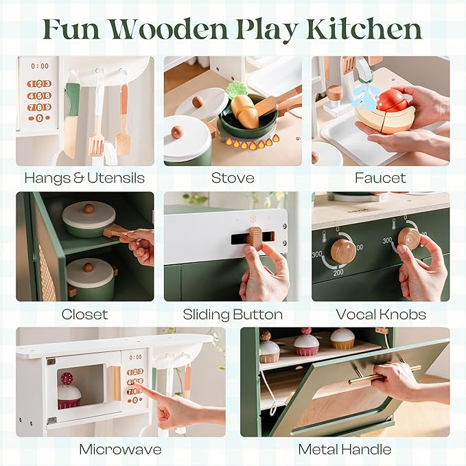 ROBUD Play Kitchen for Kids Toddlers - Wooden Toy Kitchen Set with Play Oven, Play Fridge, 3-in-1 Kids Kitchen Pretend Playset for Girls & Boys 3+