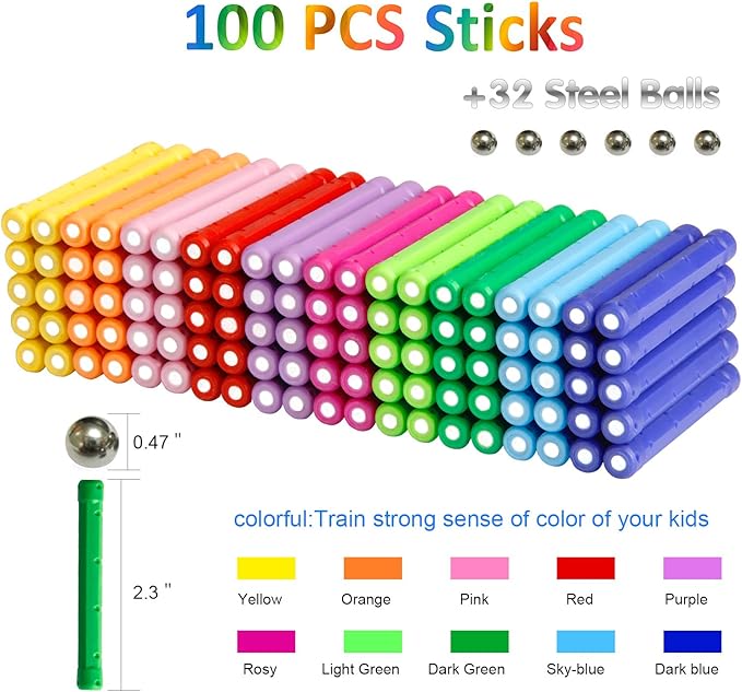 Magnetic Building Blocks, [ 132 Pieces ] Lengthen Building Sticks Set, Magnet Stem Toys Set Non-Toxic Building 3D Puzzle Boys Toys for Kids and Adult